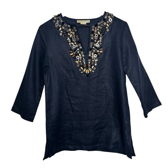 Michael Kors Small Navy 100% Linen Tunic Shirt Embellished Top 3/4 Sleeve Office - Picture 1 of 10